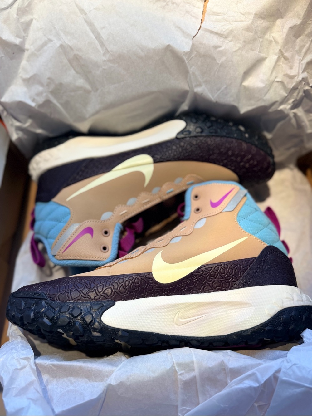 Nike Tan, Blue & Purple High-Top Sneakers with Cream Swoosh